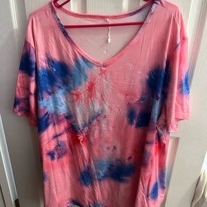 Pink with Blue tie dye shirt.
